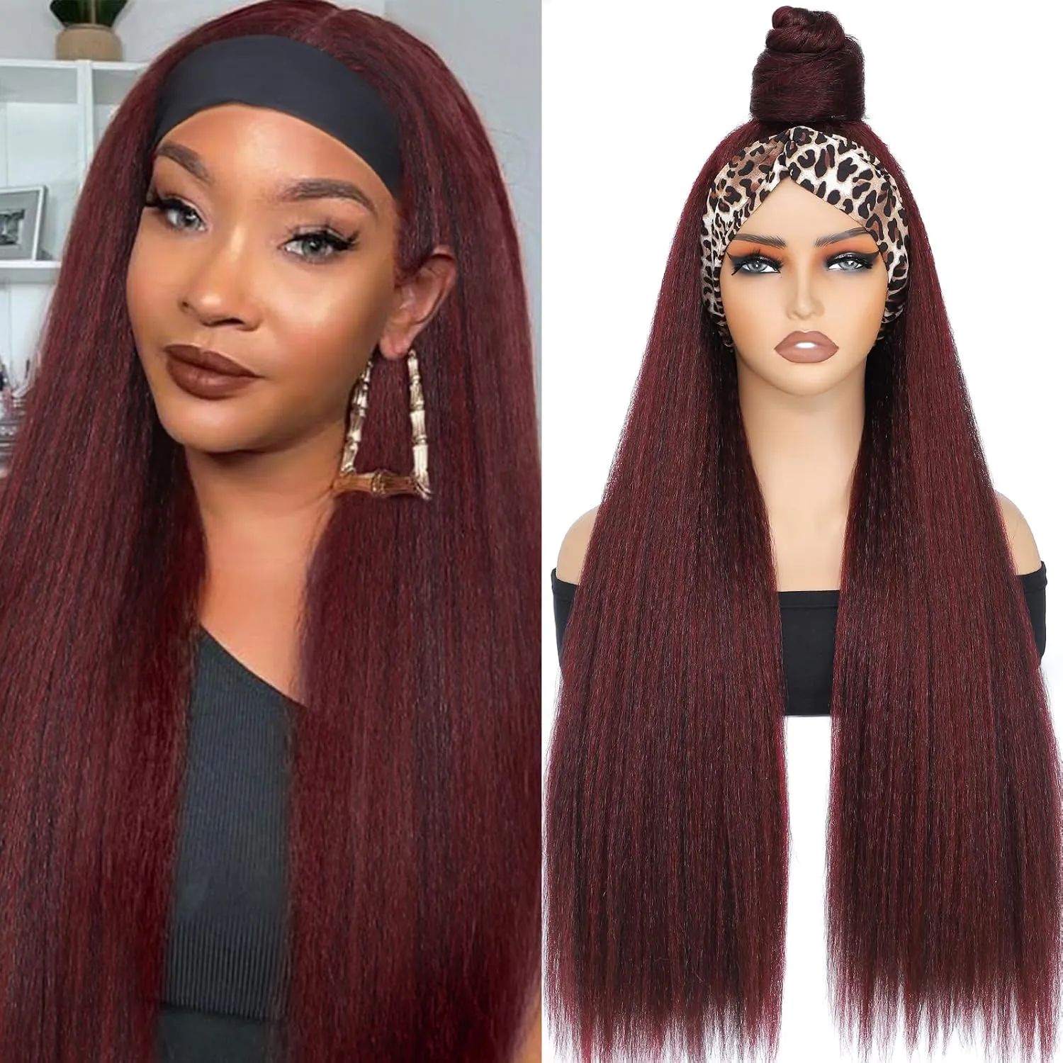 Alileona Headband Wigs for Black Women Kinky Straight Headband Wig, 30Inch Burgundy Headband Wig for Daily Part Use (1B/Burg#)