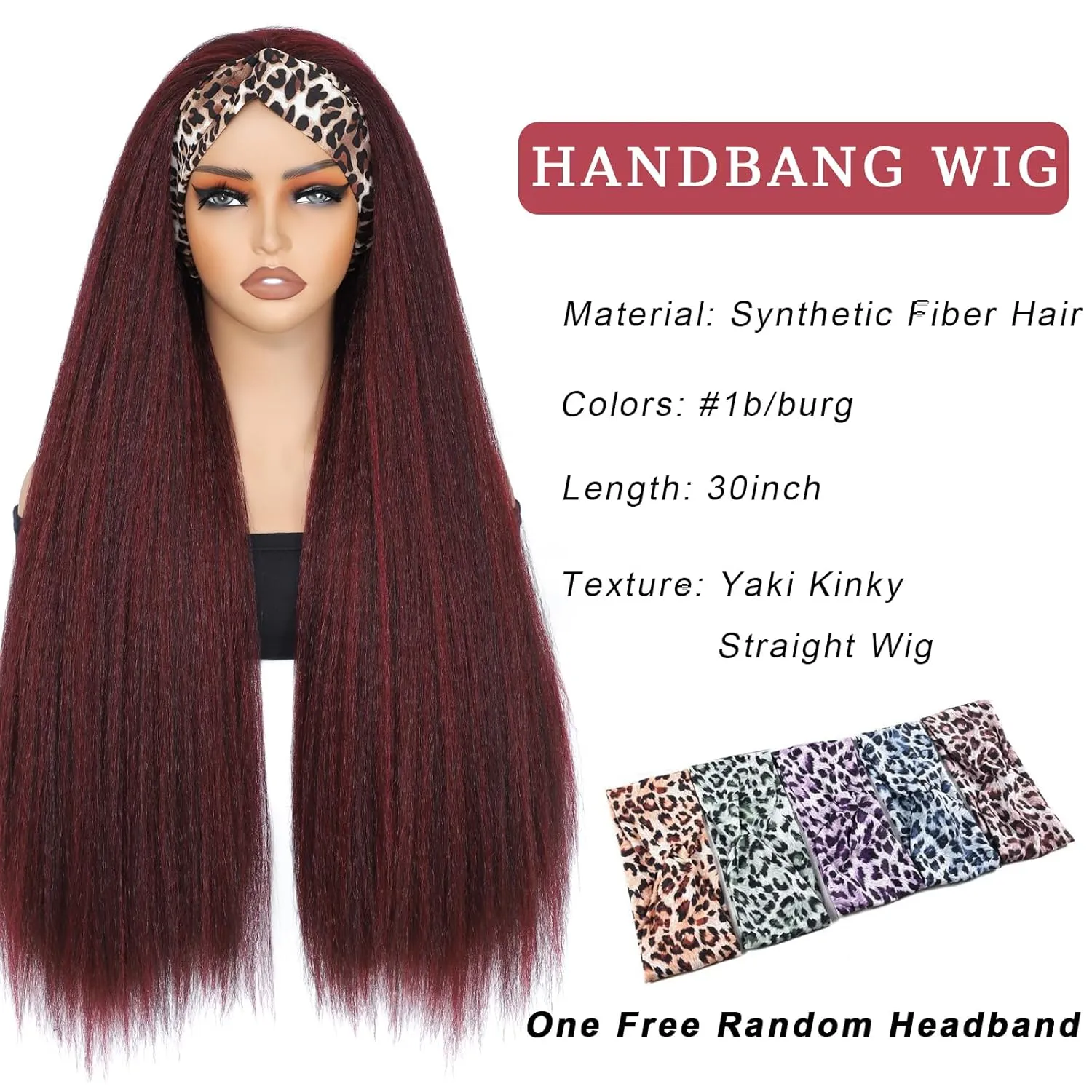 Alileona Headband Wigs for Black Women Kinky Straight Headband Wig, 30Inch Burgundy Headband Wig for Daily Part Use (1B/Burg#)