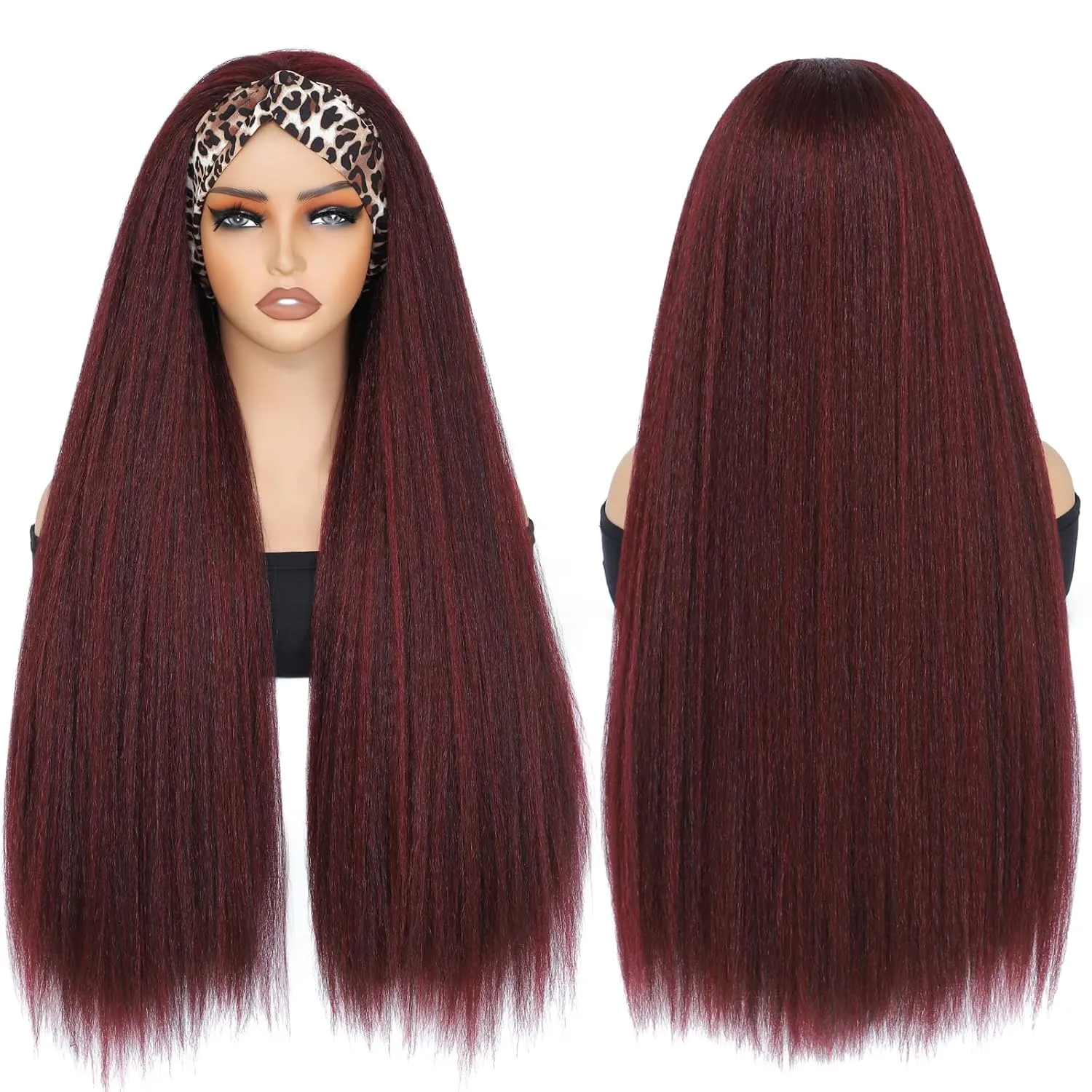 Alileona Headband Wigs for Black Women Kinky Straight Headband Wig, 30Inch Burgundy Headband Wig for Daily Part Use (1B/Burg#)