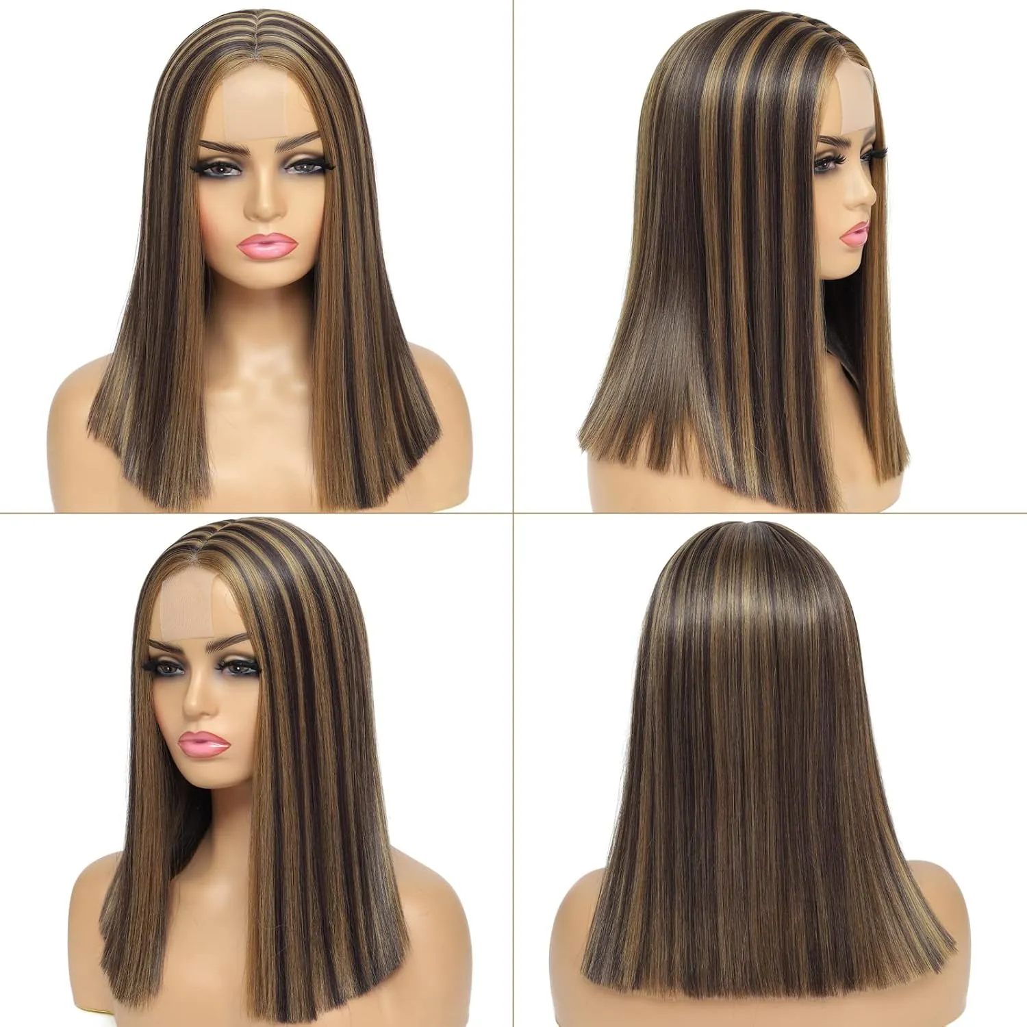 Alileona Synthetic Wig Highlight Bob Wig Straight 14inch Blunt Cut Short Bob Lace Front Synthetic Wigs for Black Women (F4/27#)