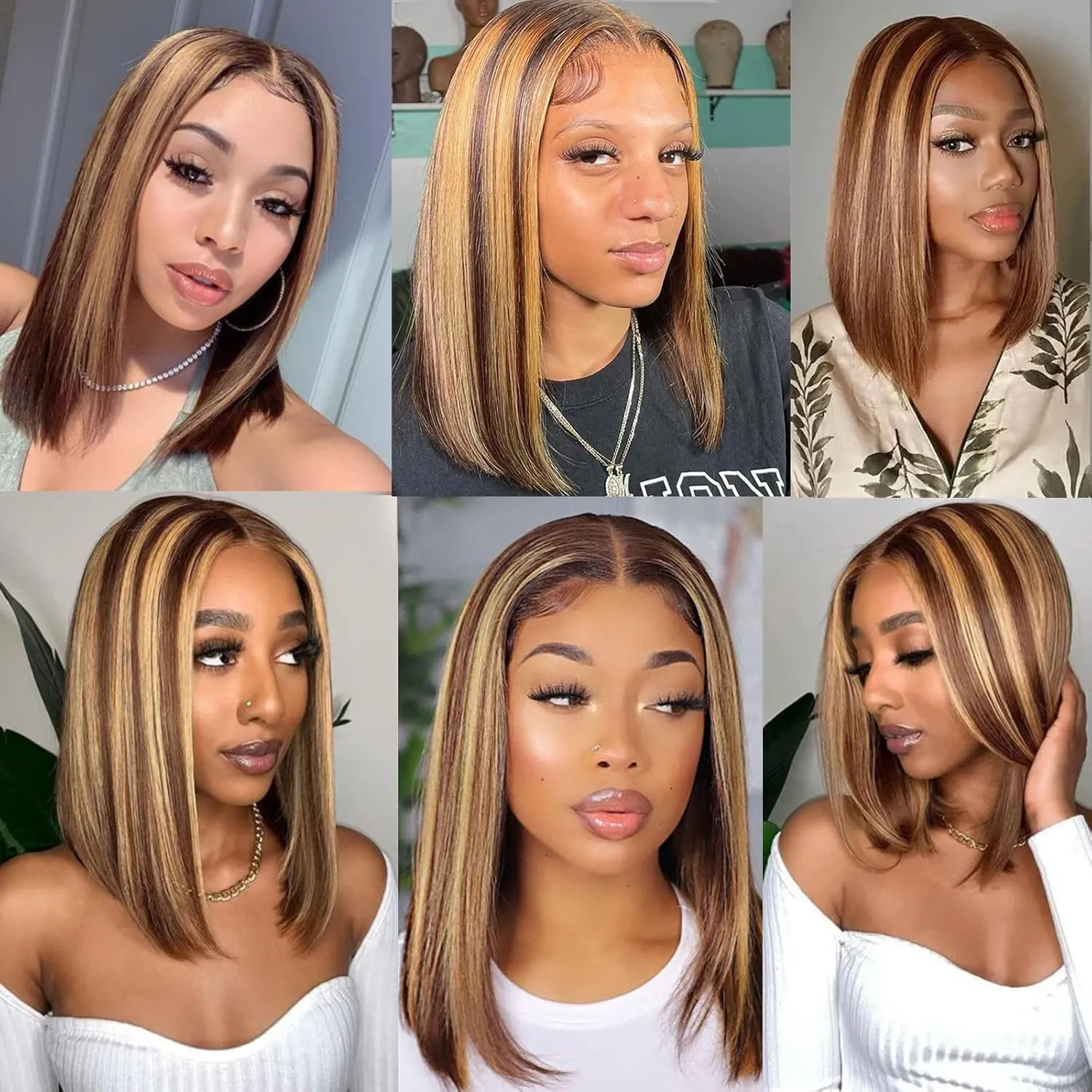 Alileona Synthetic Wig Highlight Bob Wig Straight 14inch Blunt Cut Short Bob Lace Front Synthetic Wigs for Black Women (F4/27#)