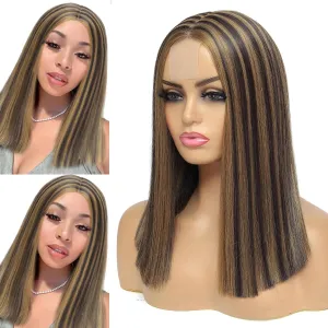Alileona Synthetic Wig Highlight Bob Wig Straight 14inch Blunt Cut Short Bob Lace Front Synthetic Wigs for Black Women (F4/27#)