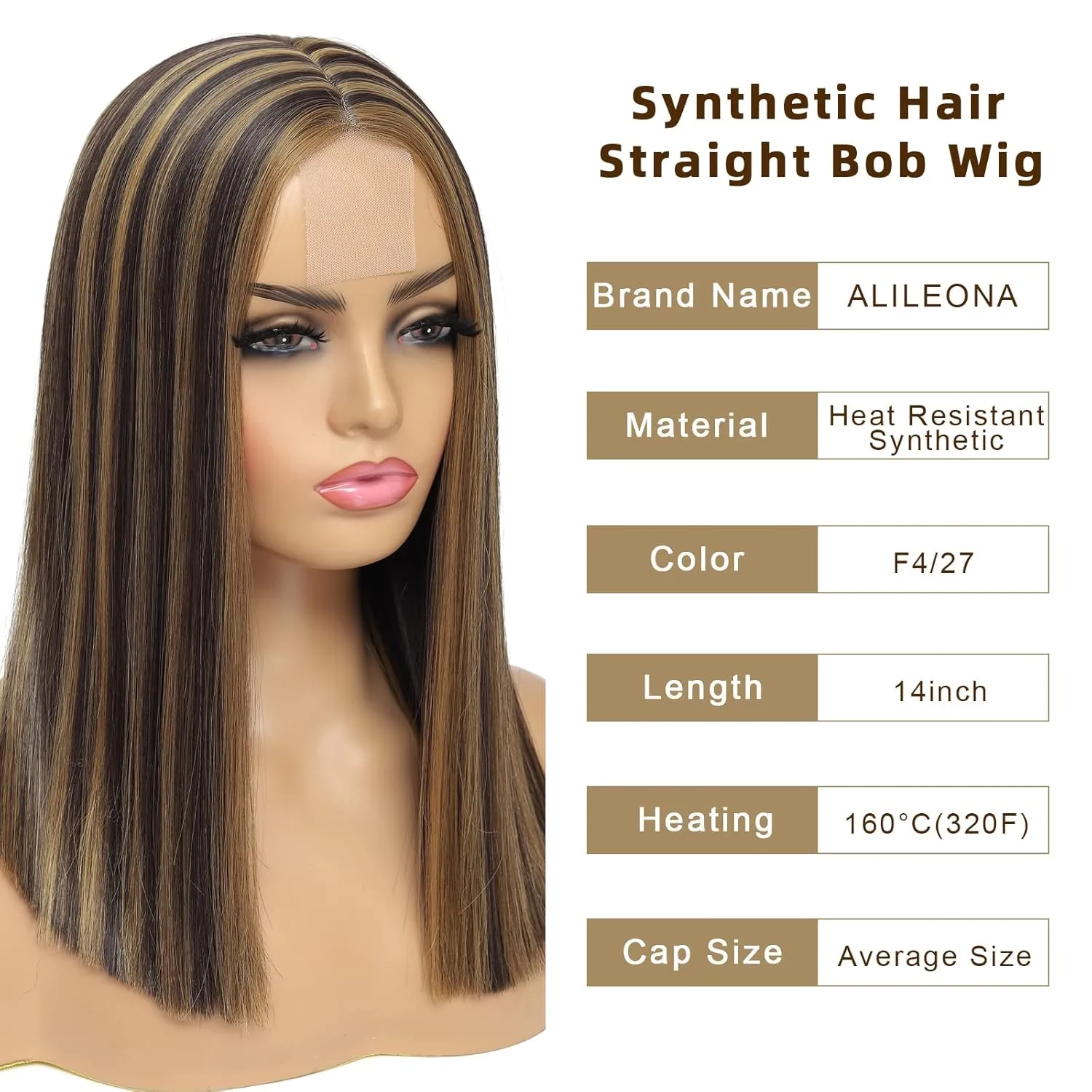 Alileona Synthetic Wig Highlight Bob Wig Straight 14inch Blunt Cut Short Bob Lace Front Synthetic Wigs for Black Women (F4/27#)