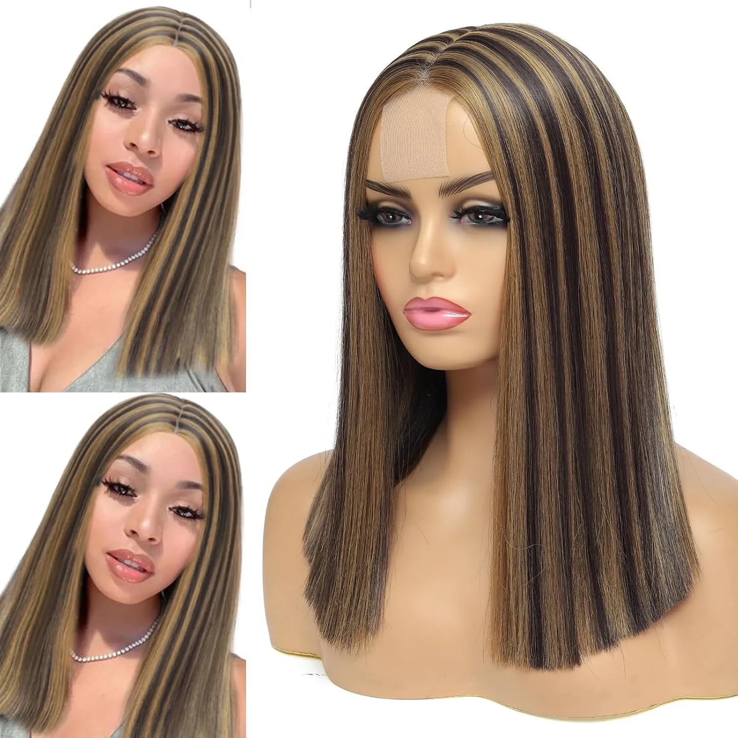 Alileona Synthetic Wig Highlight Bob Wig Straight 14inch Blunt Cut Short Bob Lace Front Synthetic Wigs for Black Women (F4/27#)
