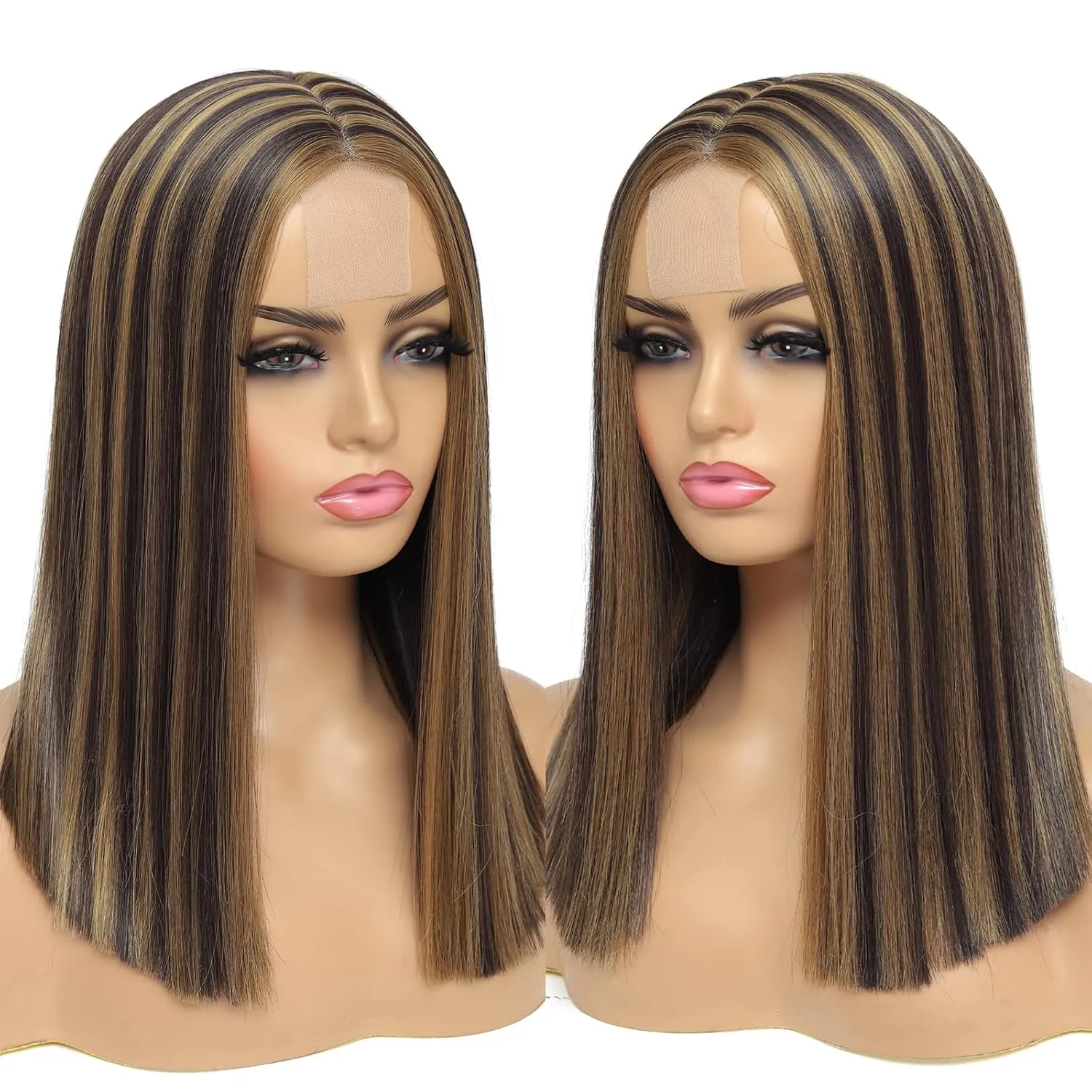 Alileona Synthetic Wig Highlight Bob Wig Straight 14inch Blunt Cut Short Bob Lace Front Synthetic Wigs for Black Women (F4/27#)