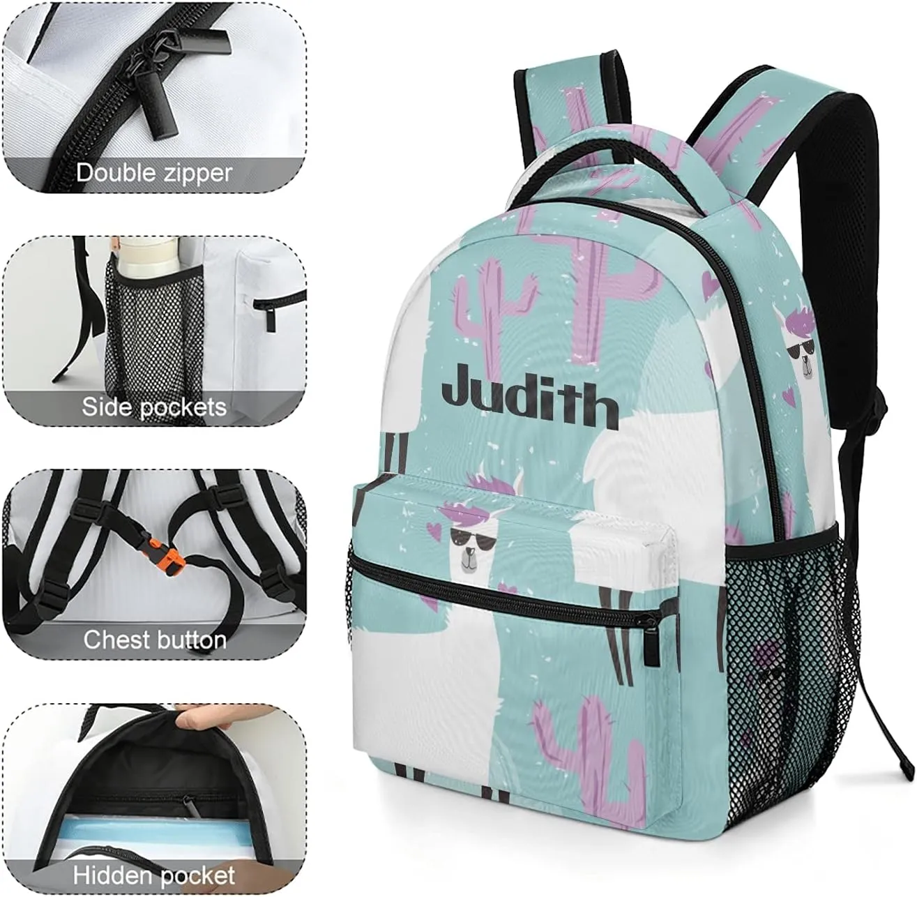 Alpaca and Cactus Custom Kids Backpack, Personalized Student School Bags for Boys & Girls, Bookbags with Adjustable Strapfor Travel
