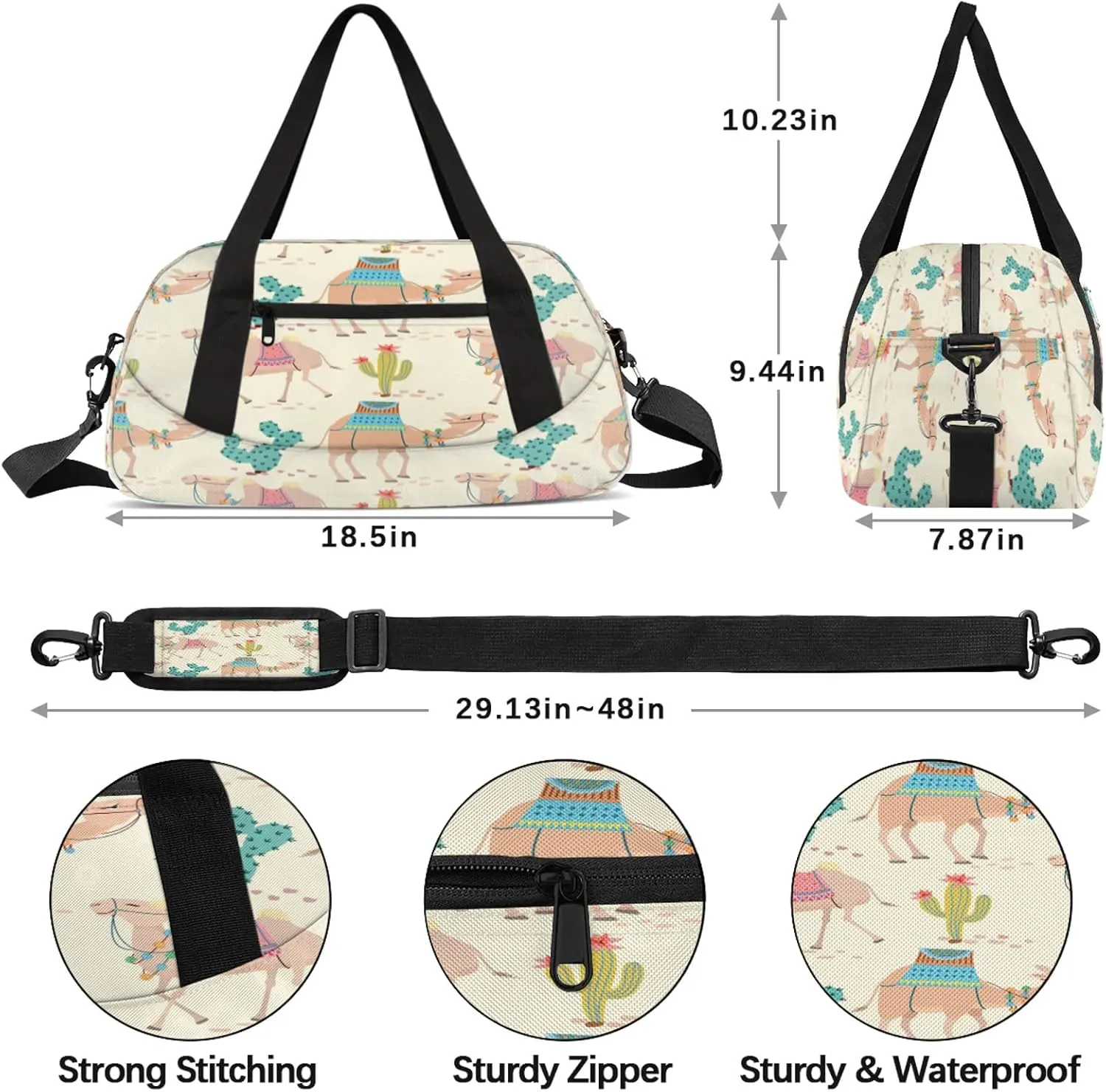 Alpaca Camel Cactus Pattern Kids Duffel Bag Lightweight Waterproof Sports Gym Bag with Front Zipper Pocket Foldable Weekender Overnight Bag for School Practice Gymnastic Ballet