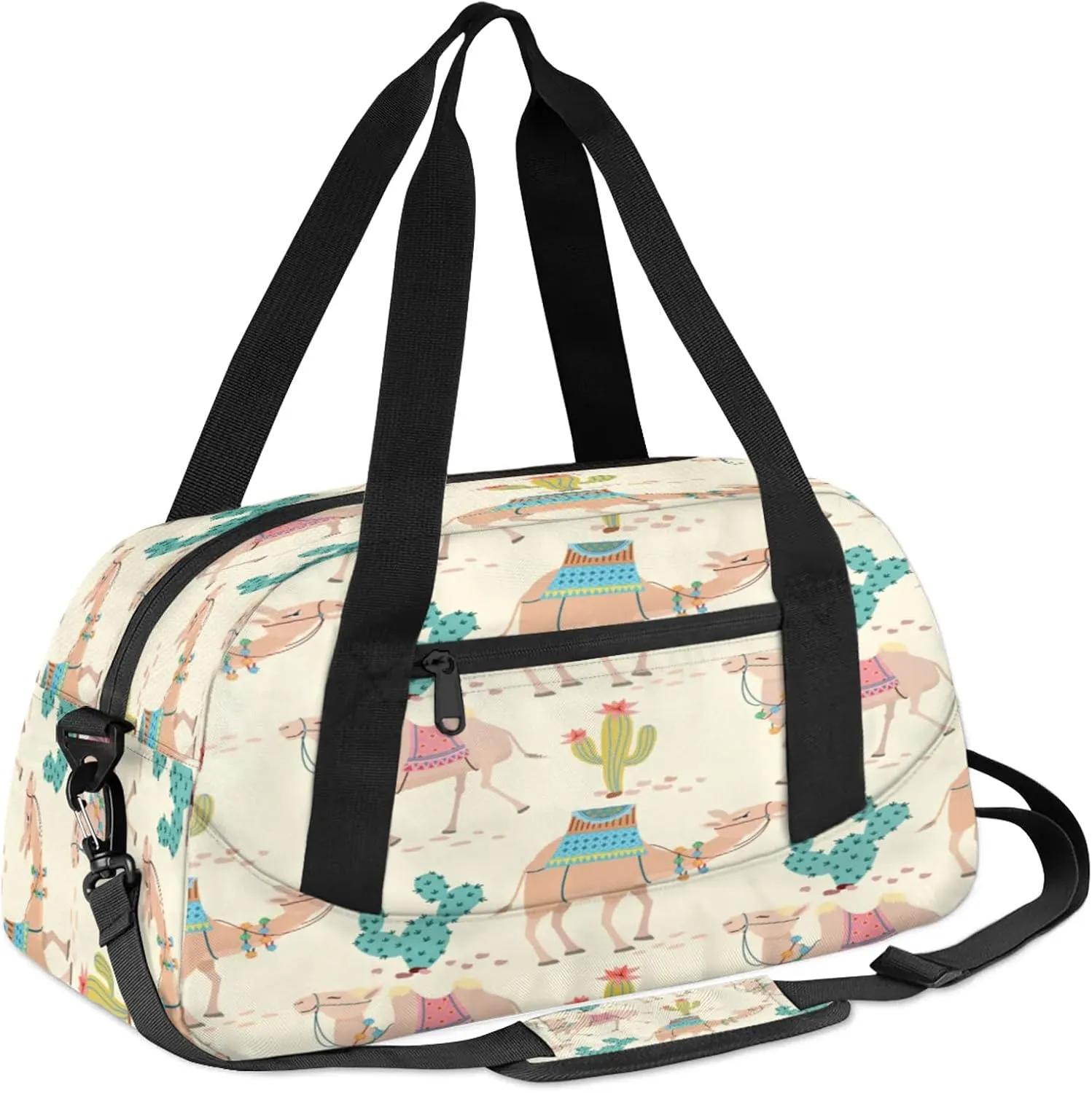 Alpaca Camel Cactus Pattern Kids Duffel Bag Lightweight Waterproof Sports Gym Bag with Front Zipper Pocket Foldable Weekender Overnight Bag for School Practice Gymnastic Ballet