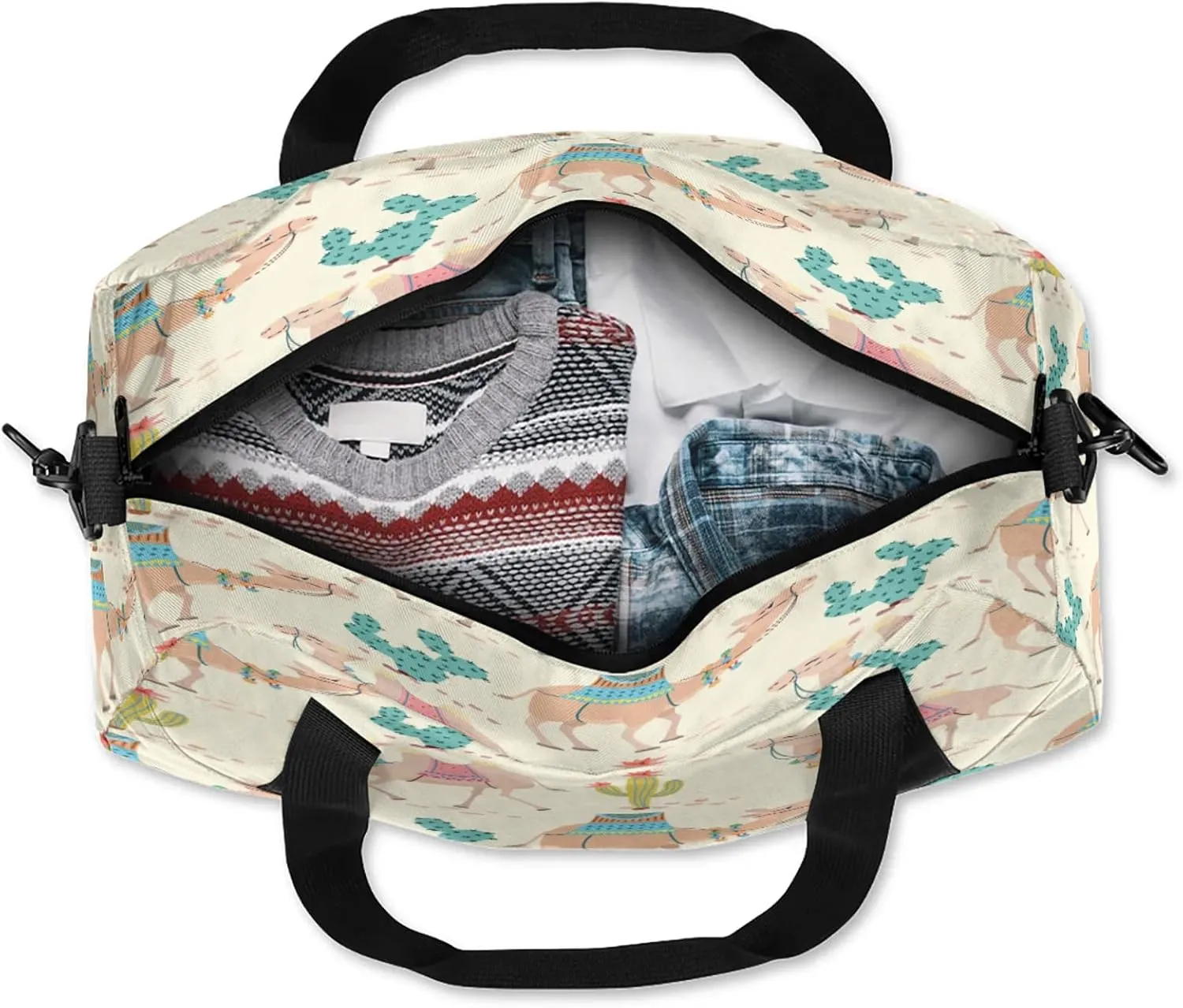 Alpaca Camel Cactus Pattern Kids Duffel Bag Lightweight Waterproof Sports Gym Bag with Front Zipper Pocket Foldable Weekender Overnight Bag for School Practice Gymnastic Ballet