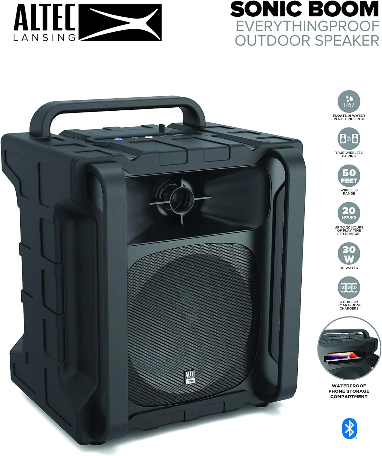 Altec Lansing Sonic Boom - Waterproof Bluetooth Speaker with Phone Charger, IP67 Outdoor Speaker, 3 USB Charging Ports, 50 Foot Range & 20 Hours Battery Life