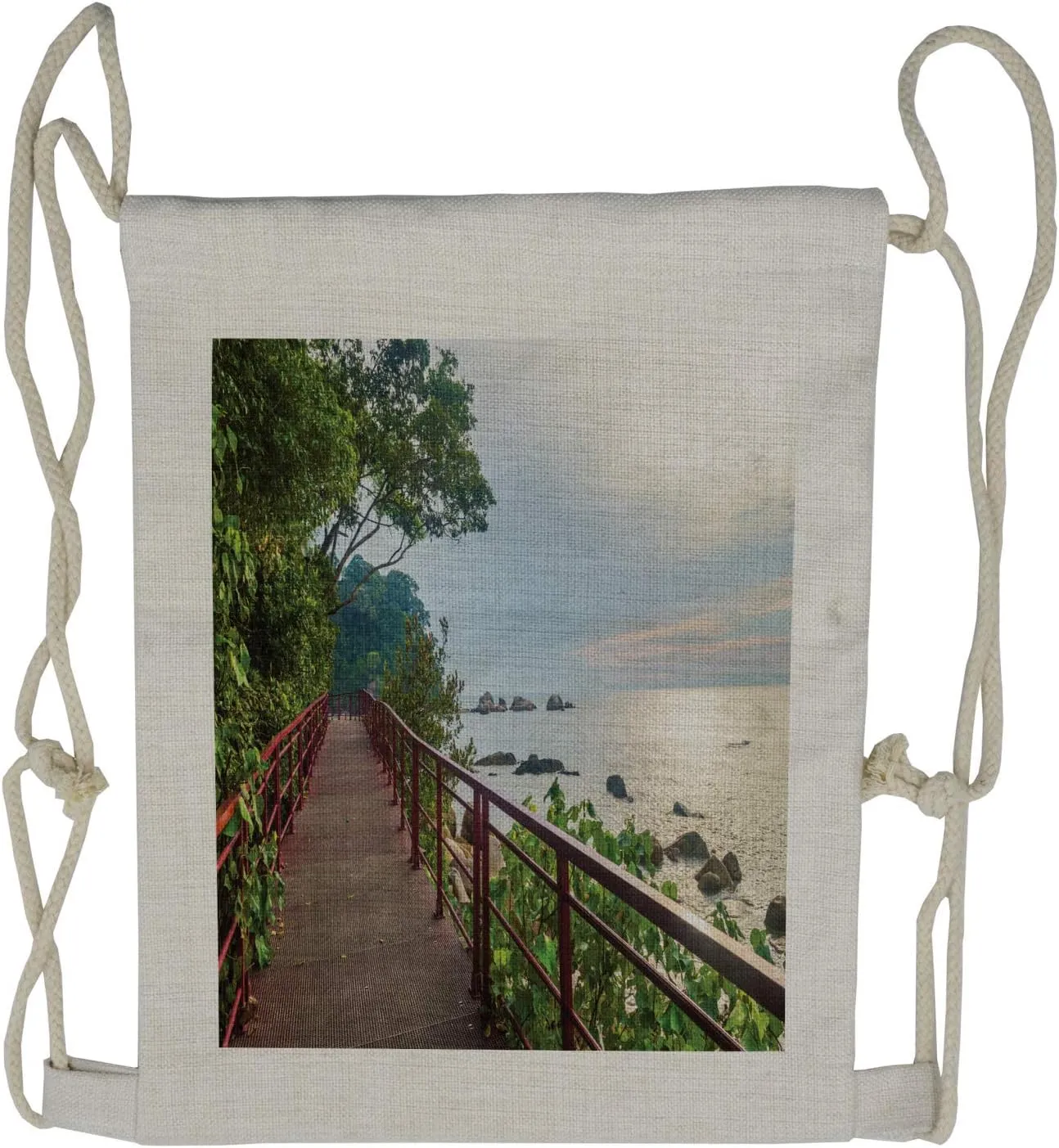 Ambesonne Nature Drawstring Backpack, Jogging at Shoreline, Sackpack Bag