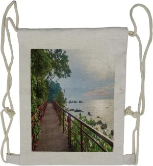Ambesonne Nature Drawstring Backpack, Jogging at Shoreline, Sackpack Bag