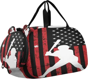 American Flag Baseball Sports Duffle Bag for Girls Boys, Gym Bag with Shoe Compartment, Kids Travel Overnight Weekender Shoulder Bags