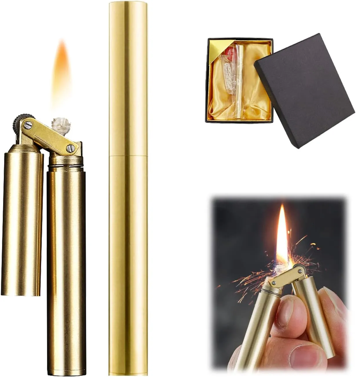 Amposei Kerosene Copper Lighter, Vintage Trench Creative Windproof Brass Cool Wheel Kerosene Oil Lighter for Camping BBQ Kitchen, Gifts Men Father (Gold)
