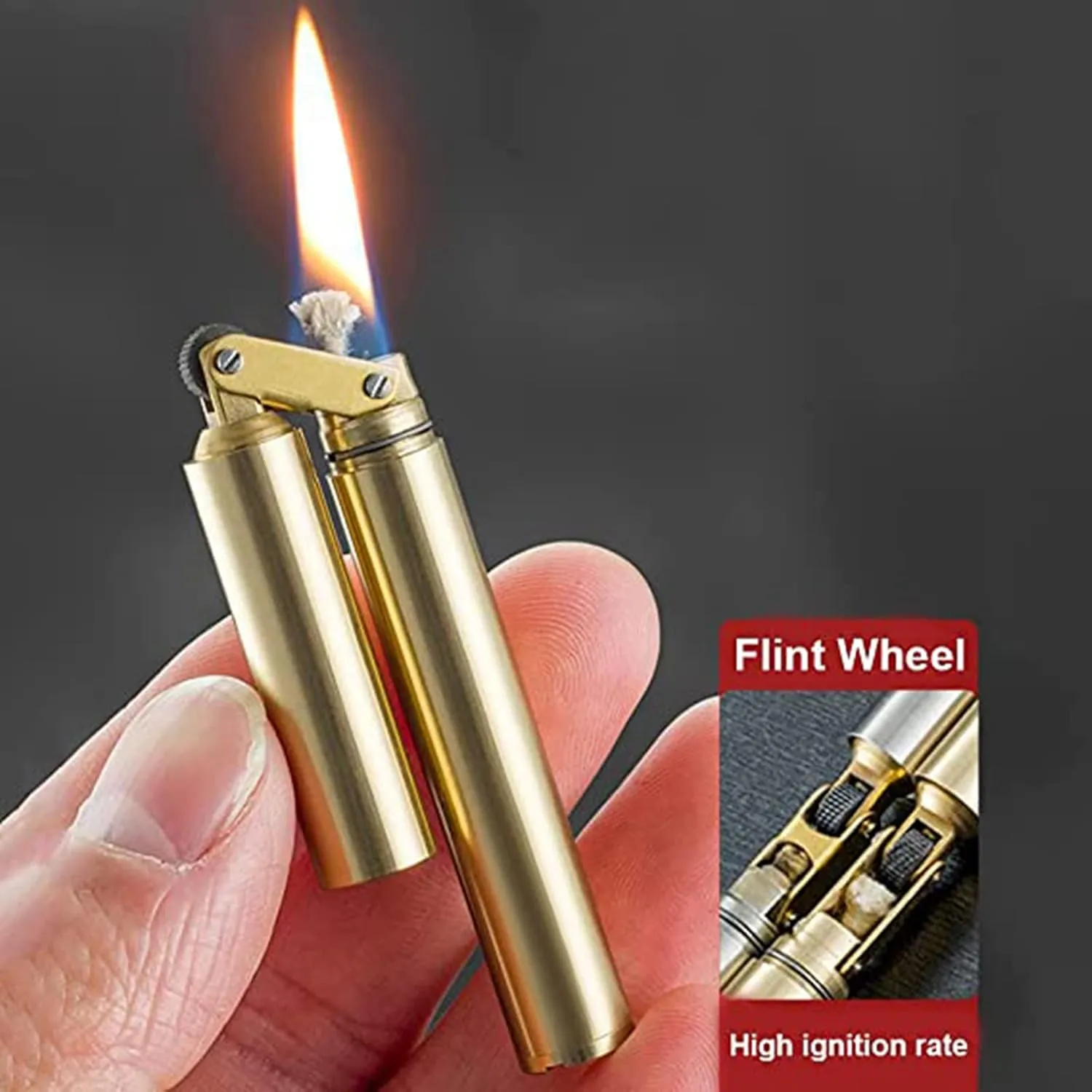 Amposei Kerosene Copper Lighter, Vintage Trench Creative Windproof Brass Cool Wheel Kerosene Oil Lighter for Camping BBQ Kitchen, Gifts Men Father (Gold)