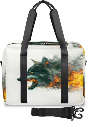 Angry Black Wolf Flames Womens Travel Bags, Weekender Carry on for Women, Sports Gym Bag, Workout Duffel bag, Overnight Shoulder Bag