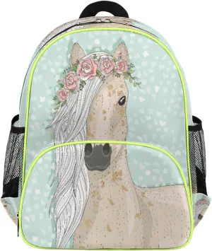Animal Horse Kids Backpack for Boys Girls, Horse Flower Toddler Backpack School Bag Water Resistant Bookbag Travel Children Bag, Nursery Junior Primary Student Preschool Backpack With Chest Strap