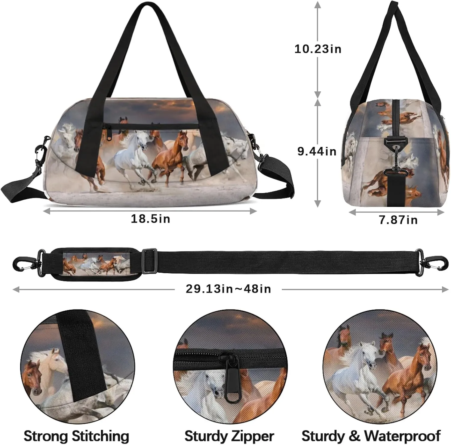 Animal Horse Kids Duffel Bag Lightweight Waterproof Sports Gym Bag with Front Zipper Pocket Foldable Weekender Overnight Bag for School Practice Gymnastic Ballet