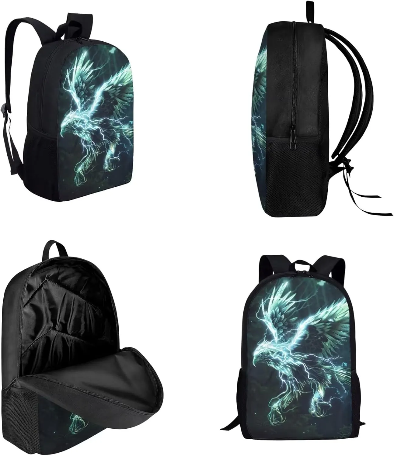 Animal Print Backpack with Lunch Box Pencil Case Cool Eagle Backpack for Boys Girls Large Capacity Lightweight Green 17 Inch School Bag Set for Kids