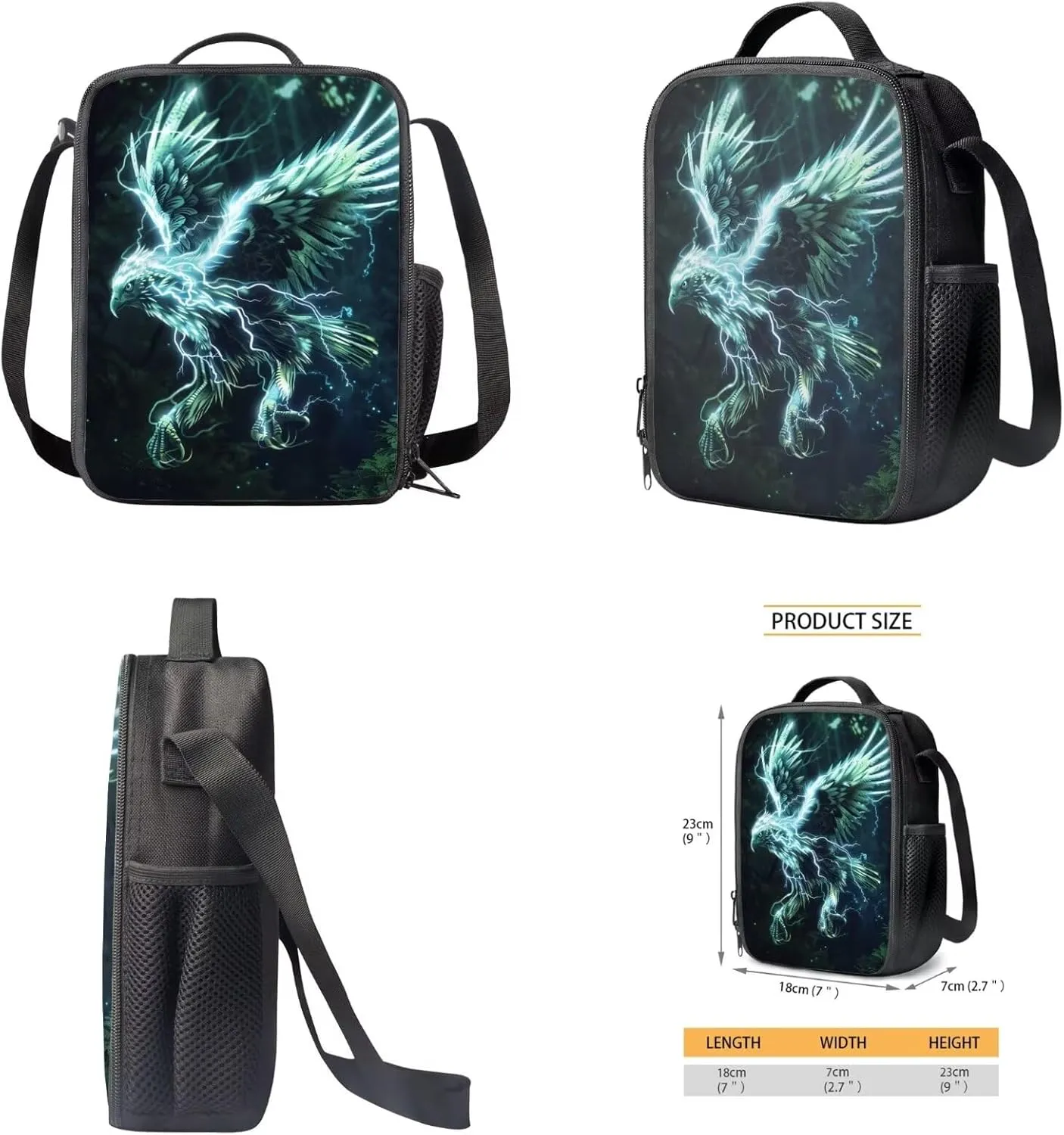 Animal Print Backpack with Lunch Box Pencil Case Cool Eagle Backpack for Boys Girls Large Capacity Lightweight Green 17 Inch School Bag Set for Kids