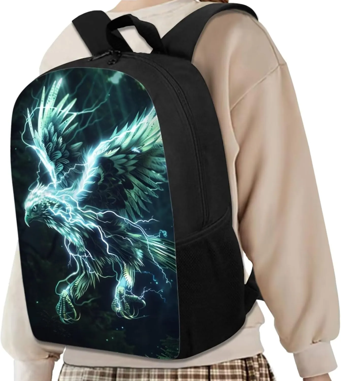 Animal Print Backpack with Lunch Box Pencil Case Cool Eagle Backpack for Boys Girls Large Capacity Lightweight Green 17 Inch School Bag Set for Kids