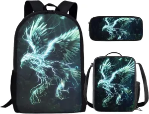 Animal Print Backpack with Lunch Box Pencil Case Cool Eagle Backpack for Boys Girls Large Capacity Lightweight Green 17 Inch School Bag Set for Kids