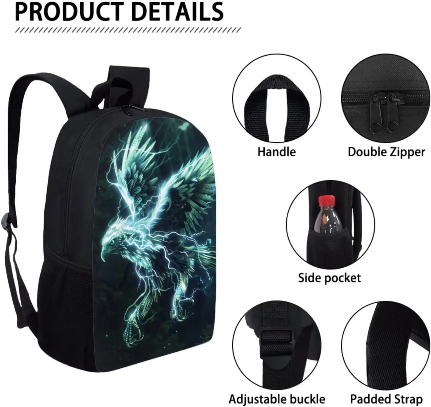 Animal Print Backpack with Lunch Box Pencil Case Cool Eagle Backpack for Boys Girls Large Capacity Lightweight Green 17 Inch School Bag Set for Kids