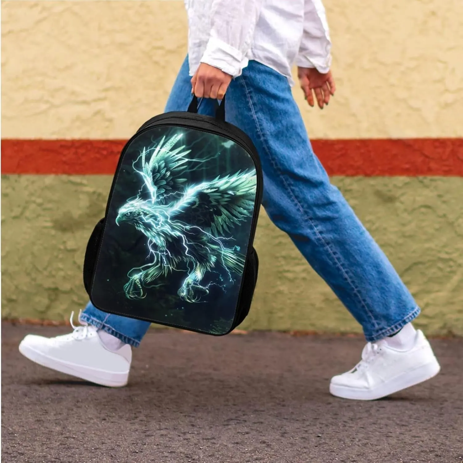 Animal Print Backpack with Lunch Box Pencil Case Cool Eagle Backpack for Boys Girls Large Capacity Lightweight Green 17 Inch School Bag Set for Kids