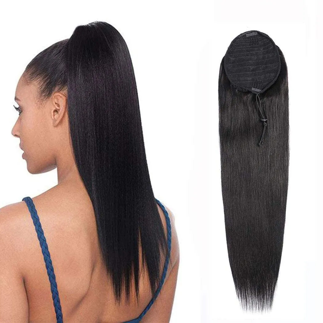 Annora Ponytail Hair Extension Human Hair Afro Straight Hair Ponytail for Black Women Human Hair Brazilian Virgin Hair Drawstring Ponytail Remy Hair Extensions(16 Inches, 105g)