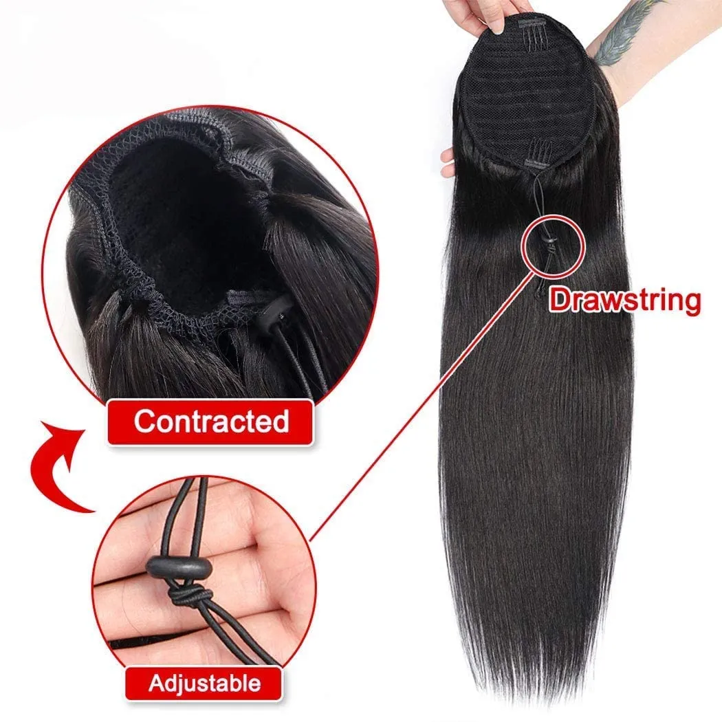 Annora Ponytail Hair Extension Human Hair Afro Straight Hair Ponytail for Black Women Human Hair Brazilian Virgin Hair Drawstring Ponytail Remy Hair Extensions(16 Inches, 105g)