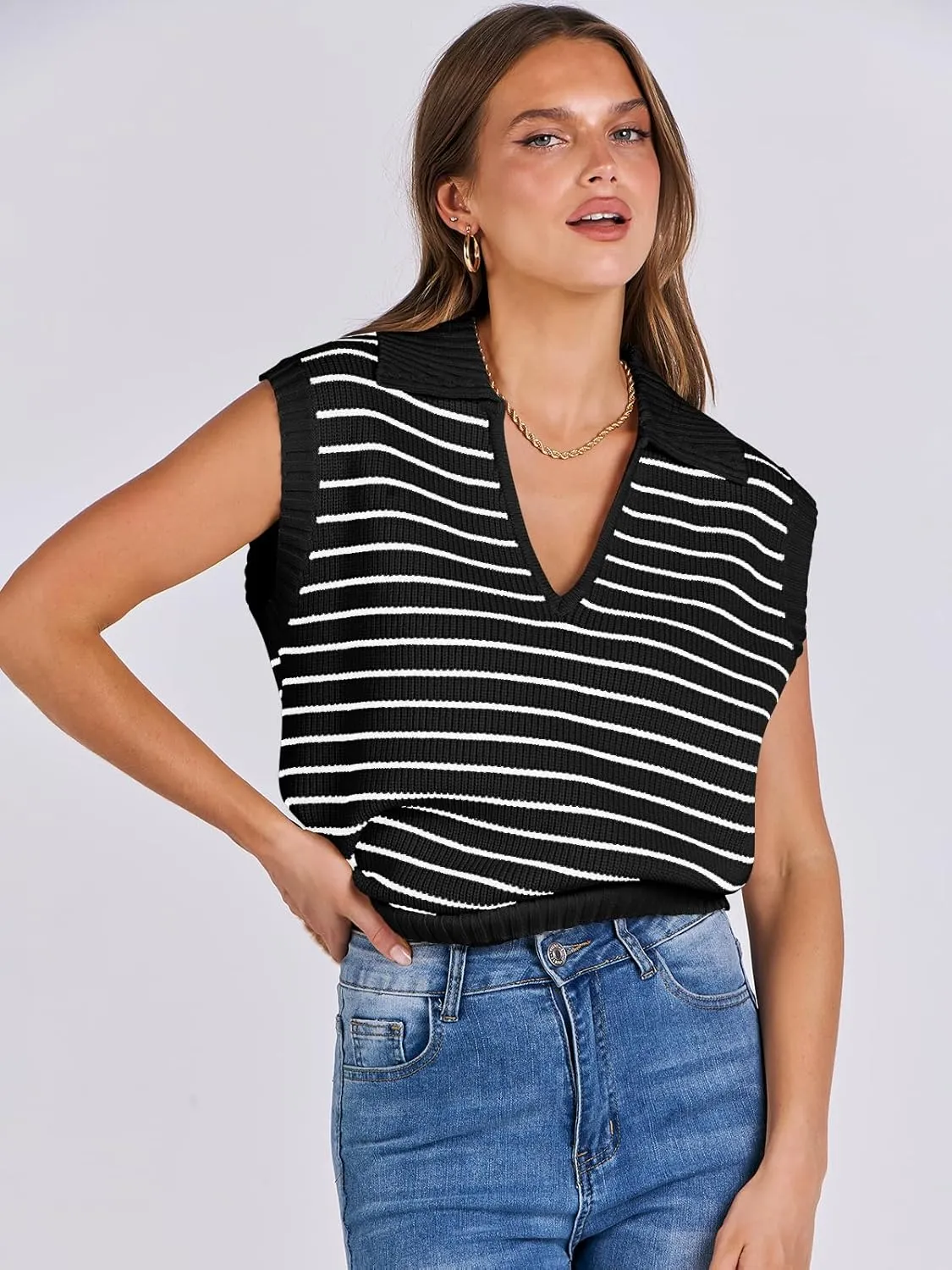 ANRABESS Women Summer Tank Tops Striped Sleeveless Polo V Neck Knit Sweater Vest Shirts 2025 Trendy Cute Outfits