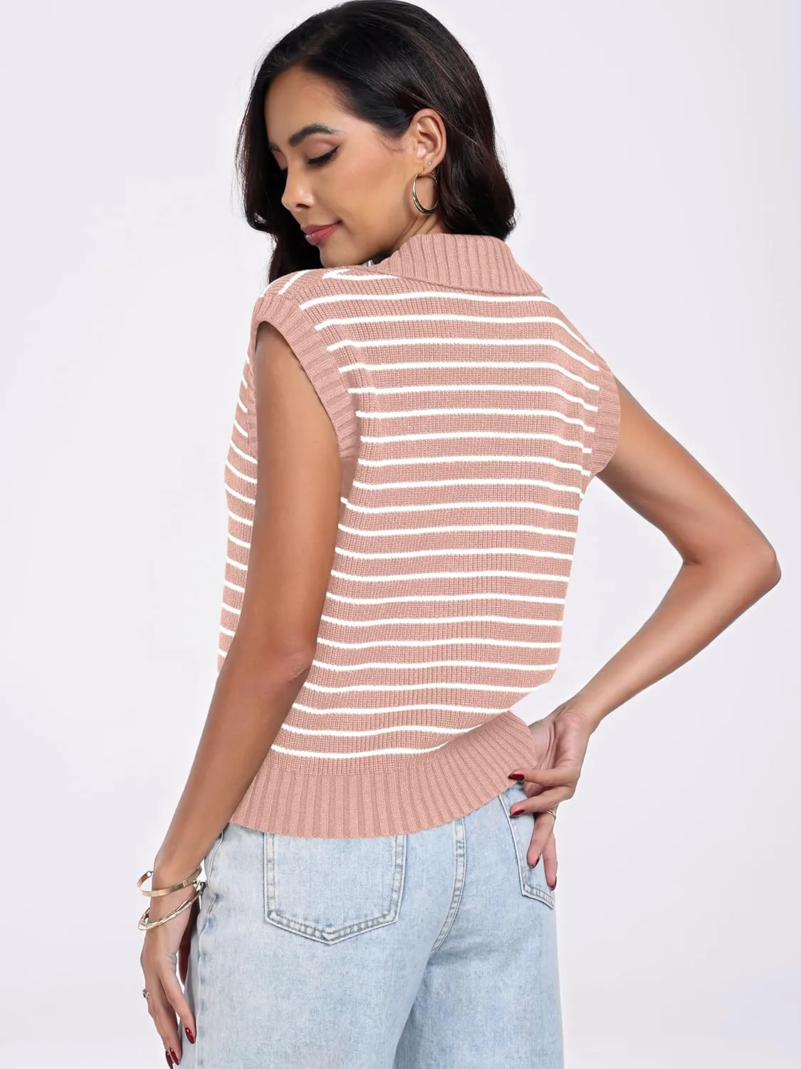 ANRABESS Women Summer Tank Tops Striped Sleeveless Polo V Neck Knit Sweater Vest Shirts 2025 Trendy Cute Outfits