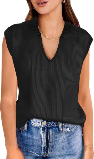 ANRABESS Women Summer Tank Tops Striped Sleeveless Polo V Neck Knit Sweater Vest Shirts 2025 Trendy Cute Outfits