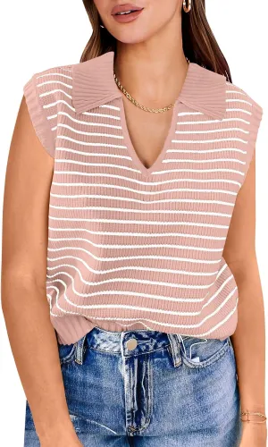 ANRABESS Women Summer Tank Tops Striped Sleeveless Polo V Neck Knit Sweater Vest Shirts 2025 Trendy Cute Outfits