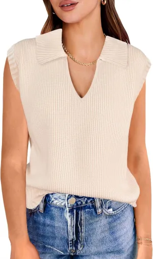 ANRABESS Women Summer Tank Tops Striped Sleeveless Polo V Neck Knit Sweater Vest Shirts 2025 Trendy Cute Outfits