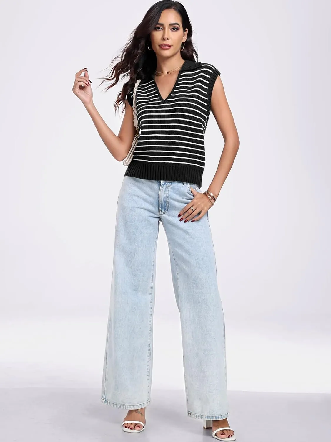 ANRABESS Women Summer Tank Tops Striped Sleeveless Polo V Neck Knit Sweater Vest Shirts 2025 Trendy Cute Outfits