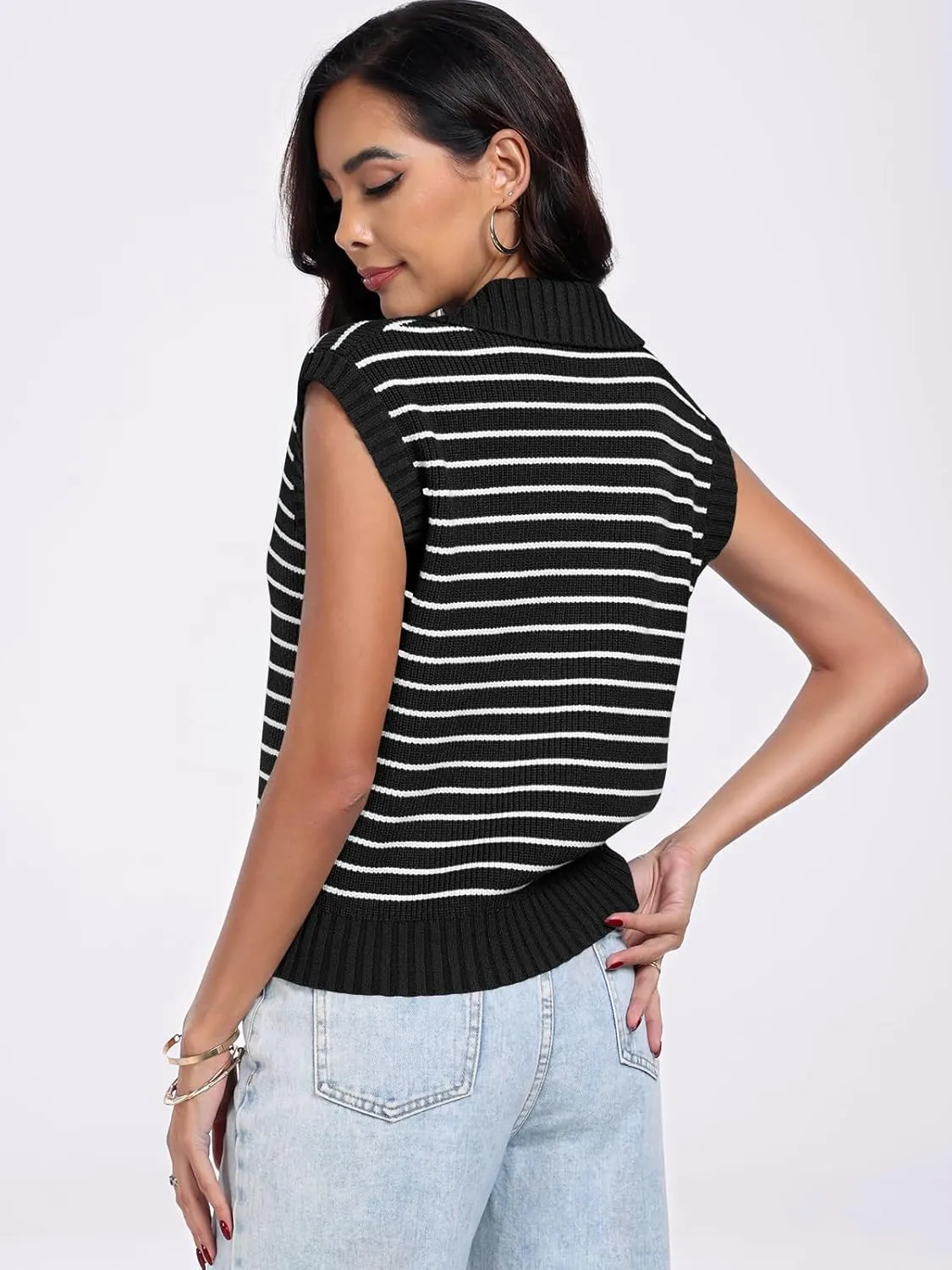ANRABESS Women Summer Tank Tops Striped Sleeveless Polo V Neck Knit Sweater Vest Shirts 2025 Trendy Cute Outfits