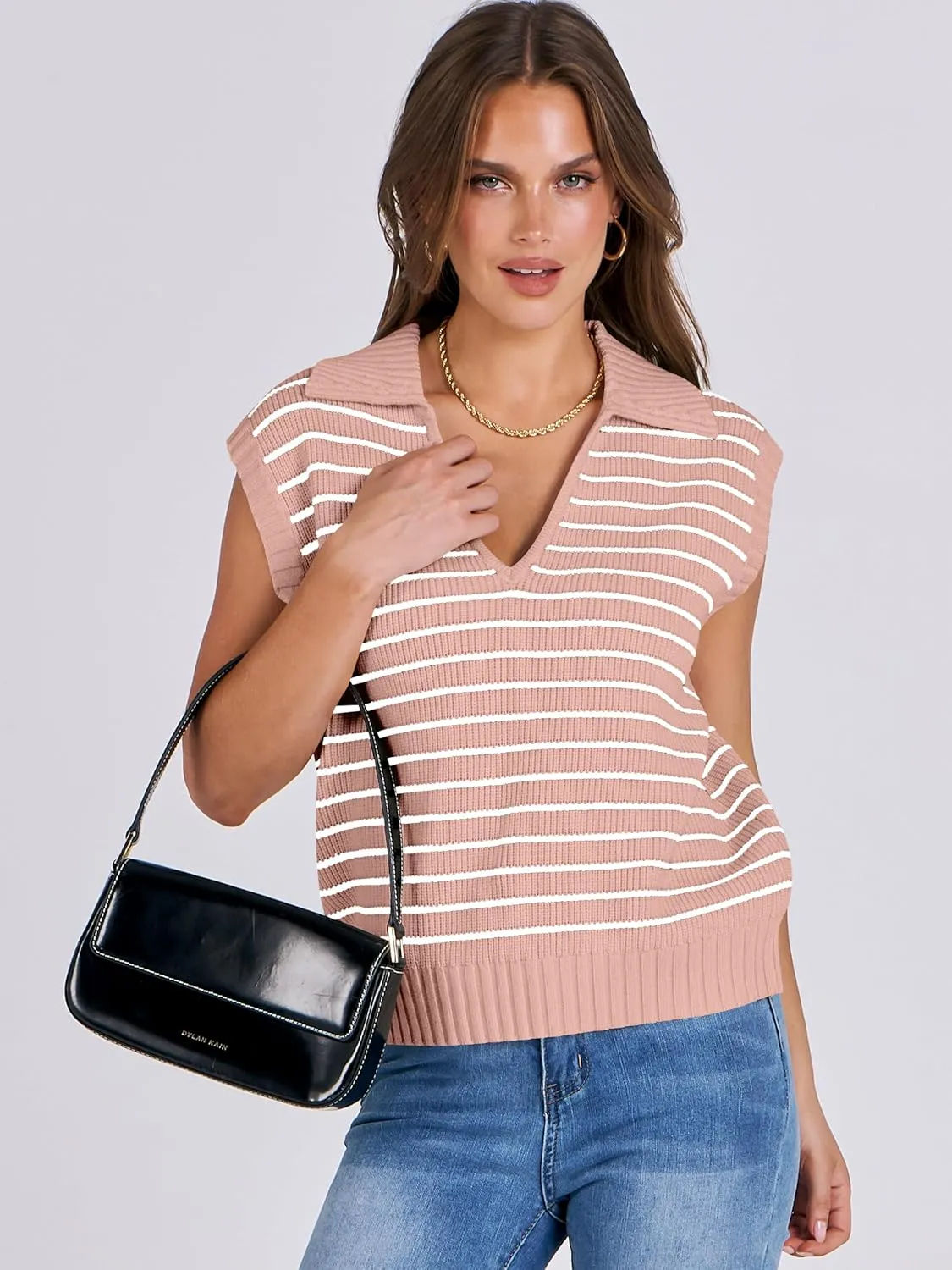 ANRABESS Women Summer Tank Tops Striped Sleeveless Polo V Neck Knit Sweater Vest Shirts 2025 Trendy Cute Outfits