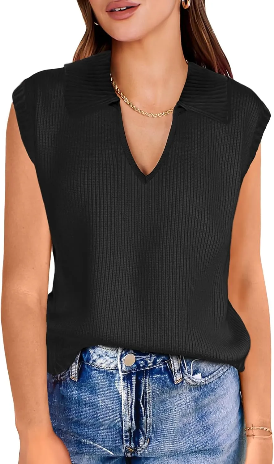 ANRABESS Women Summer Tank Tops Striped Sleeveless Polo V Neck Knit Sweater Vest Shirts 2025 Trendy Cute Outfits