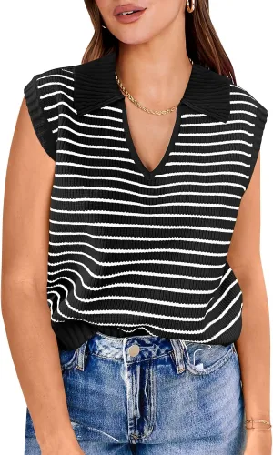 ANRABESS Women Summer Tank Tops Striped Sleeveless Polo V Neck Knit Sweater Vest Shirts 2025 Trendy Cute Outfits