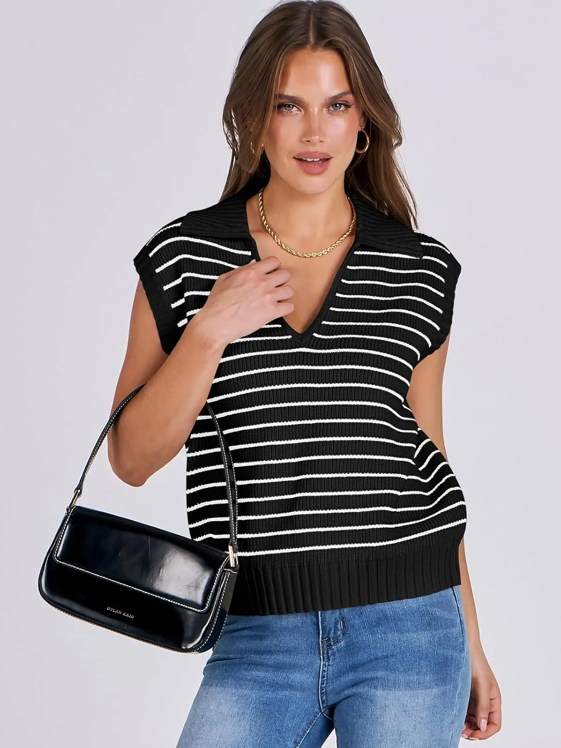 ANRABESS Women Summer Tank Tops Striped Sleeveless Polo V Neck Knit Sweater Vest Shirts 2025 Trendy Cute Outfits