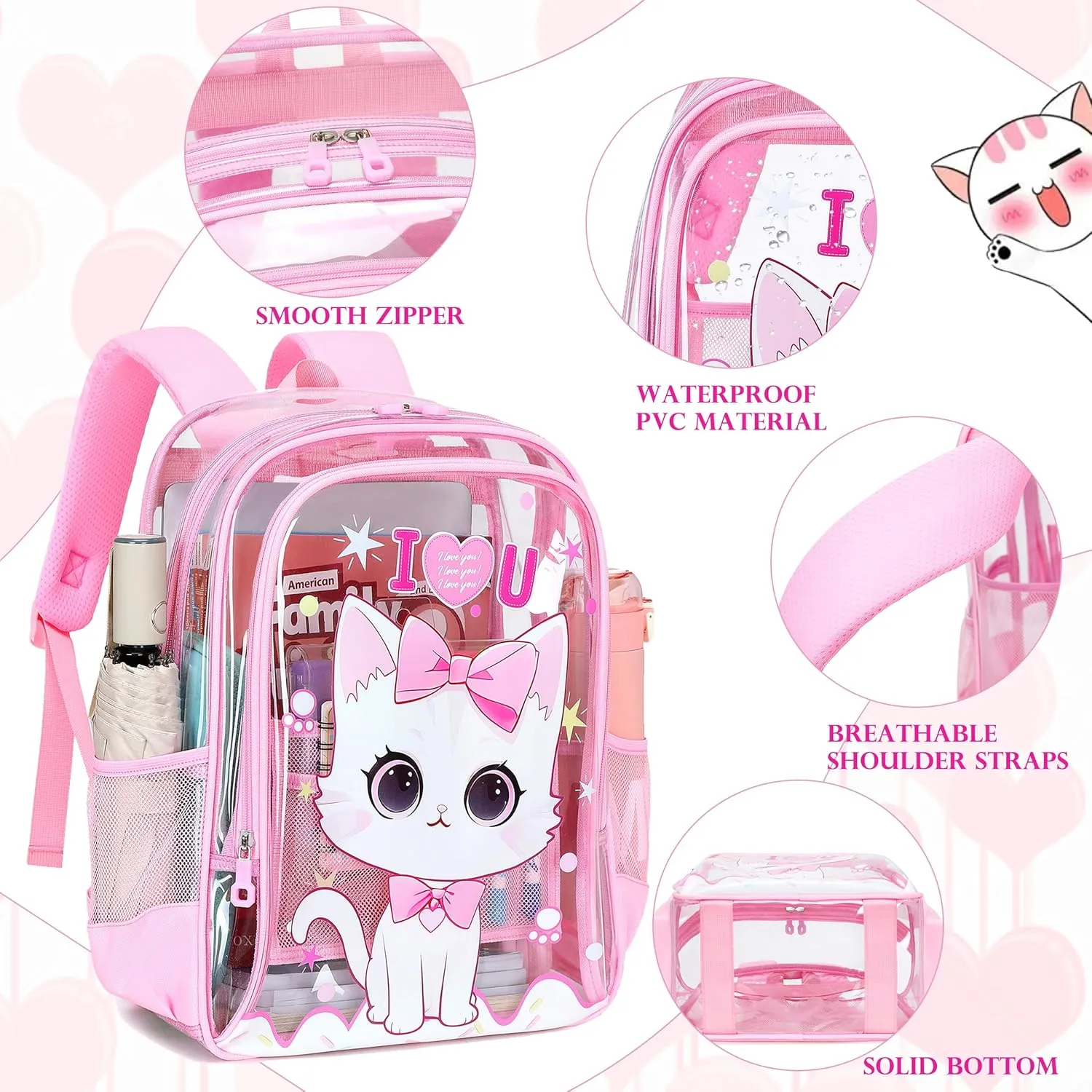 AO ALI VICTORY Clear Backpack for Boys Girls,15.6 Inch Kids Clear Backpack Set with Lunch Bag Pencil Case PVC Elementary Bookbag for School Students See Through Transparent Travel Back Pack,Pink Cat