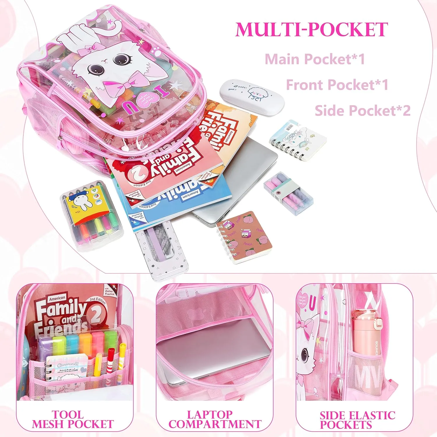 AO ALI VICTORY Clear Backpack for Boys Girls,15.6 Inch Kids Clear Backpack Set with Lunch Bag Pencil Case PVC Elementary Bookbag for School Students See Through Transparent Travel Back Pack,Pink Cat