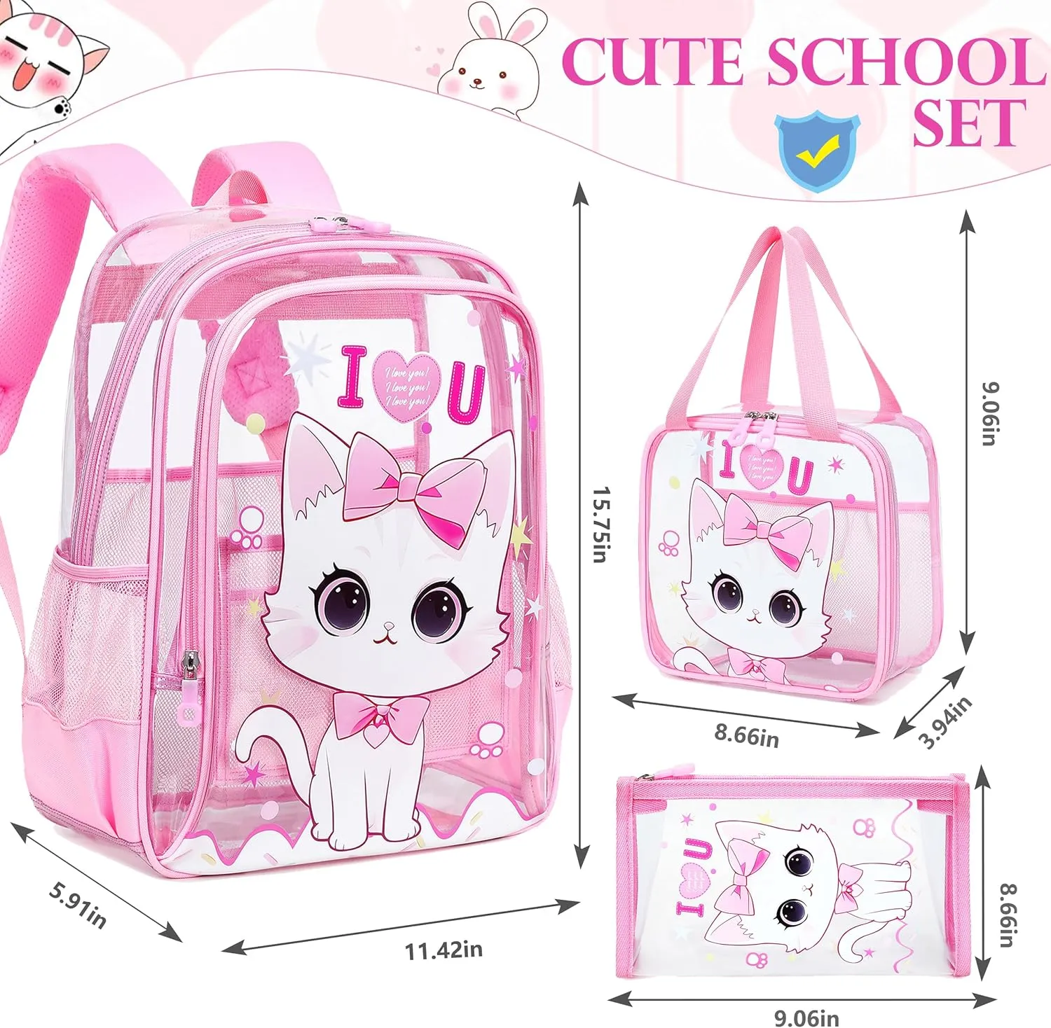 AO ALI VICTORY Clear Backpack for Boys Girls,15.6 Inch Kids Clear Backpack Set with Lunch Bag Pencil Case PVC Elementary Bookbag for School Students See Through Transparent Travel Back Pack,Pink Cat