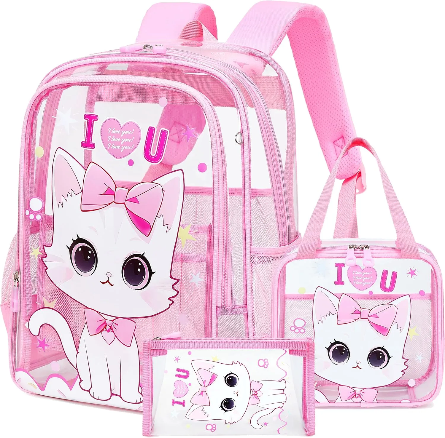 AO ALI VICTORY Clear Backpack for Boys Girls,15.6 Inch Kids Clear Backpack Set with Lunch Bag Pencil Case PVC Elementary Bookbag for School Students See Through Transparent Travel Back Pack,Pink Cat