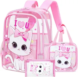 AO ALI VICTORY Clear Backpack for Boys Girls,15.6 Inch Kids Clear Backpack Set with Lunch Bag Pencil Case PVC Elementary Bookbag for School Students See Through Transparent Travel Back Pack,Pink Cat
