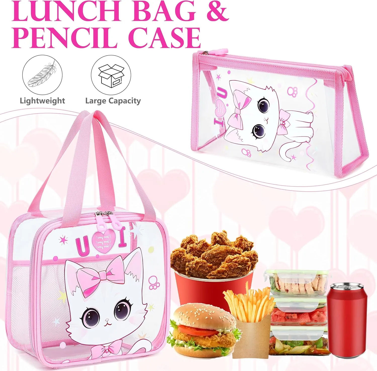 AO ALI VICTORY Clear Backpack for Boys Girls,15.6 Inch Kids Clear Backpack Set with Lunch Bag Pencil Case PVC Elementary Bookbag for School Students See Through Transparent Travel Back Pack,Pink Cat