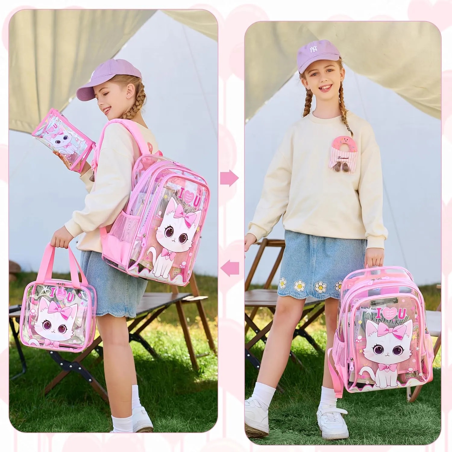 AO ALI VICTORY Clear Backpack for Boys Girls,15.6 Inch Kids Clear Backpack Set with Lunch Bag Pencil Case PVC Elementary Bookbag for School Students See Through Transparent Travel Back Pack,Pink Cat