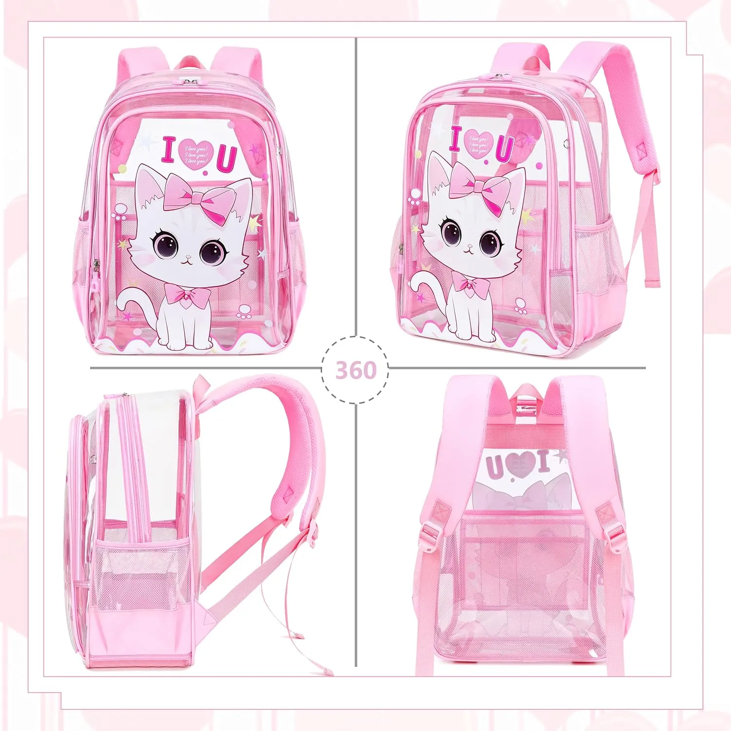 AO ALI VICTORY Clear Backpack for Boys Girls,15.6 Inch Kids Clear Backpack Set with Lunch Bag Pencil Case PVC Elementary Bookbag for School Students See Through Transparent Travel Back Pack,Pink Cat