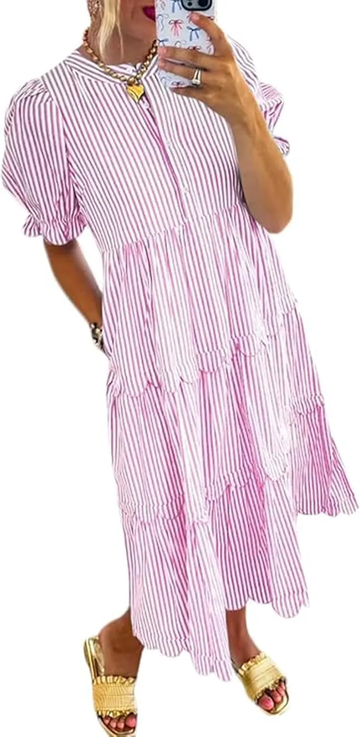 Apvirdy Women's Casual Striped Bubble Short Sleeve Shirt Dress Scallop Button Front Ruffle Tiered Long Dress